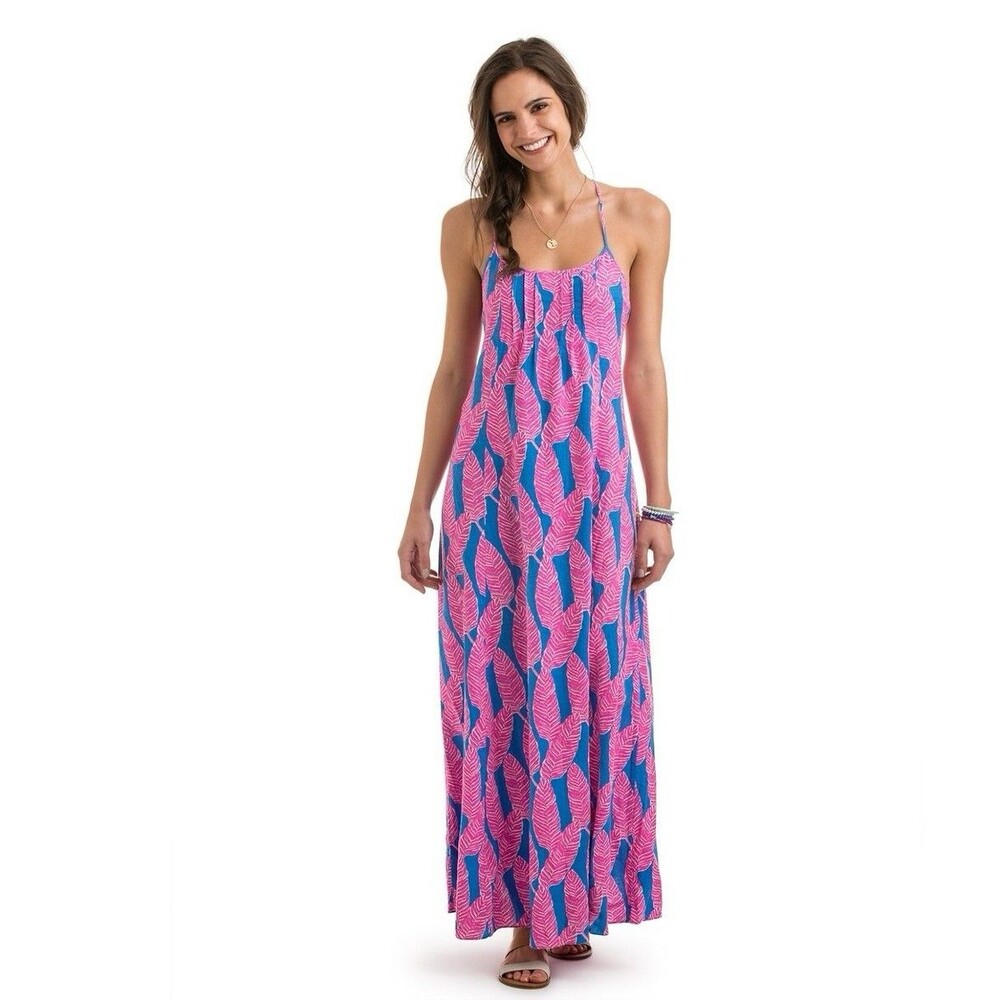 🌴 Vineyard Vines Pink & Blue Leaf Print Maxi Dress – Size 4